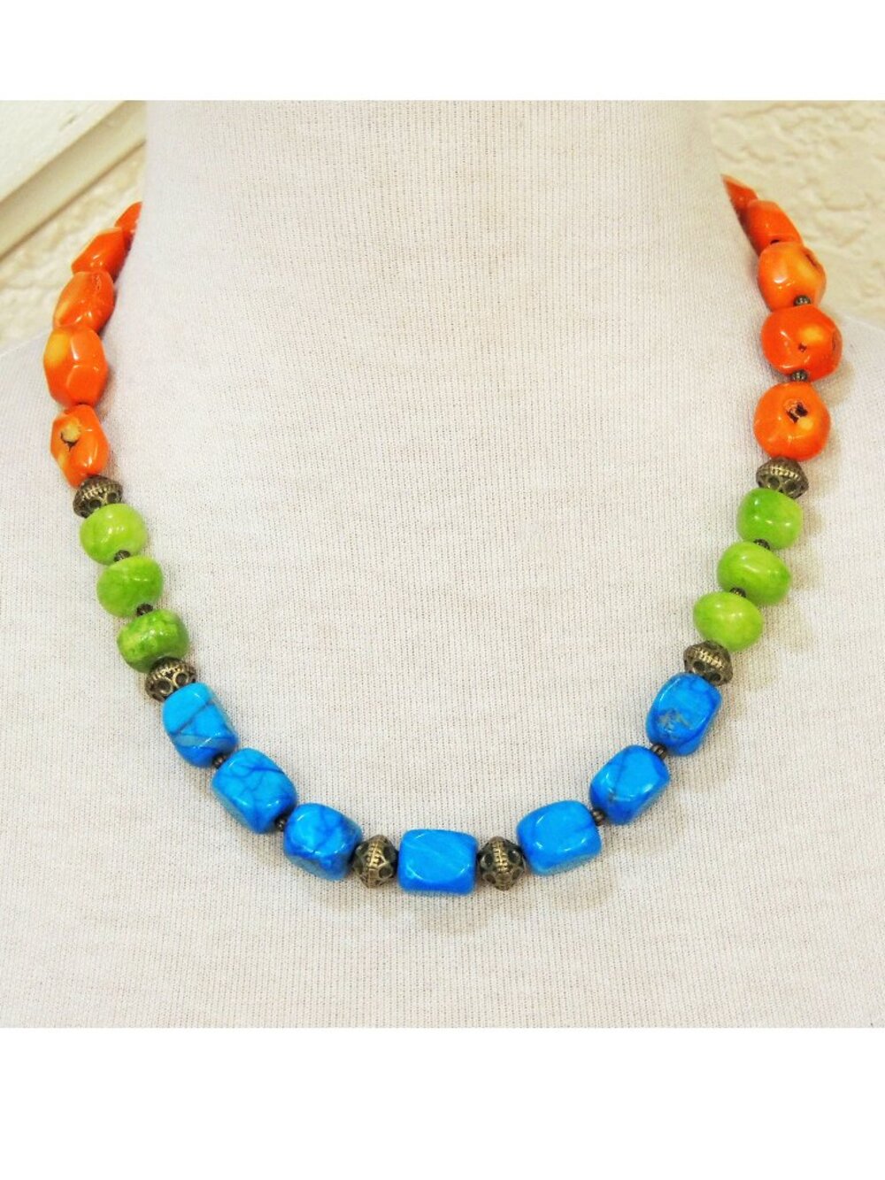 Tropical Orange Coral, Lime Green Agate & Teal Blue Jasper Statement Necklace